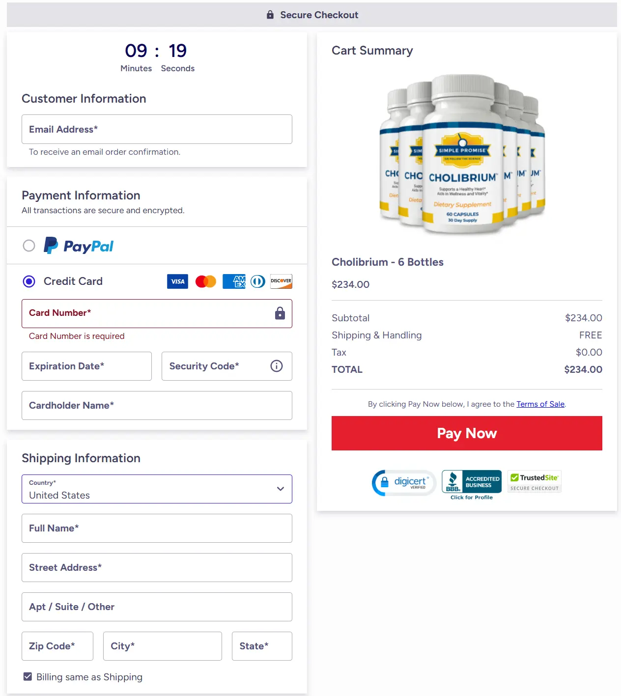 Cholibrium secure checkout page — protected by 256-bit SSL encryption